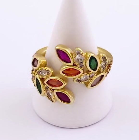 Simulated Multi gem 'leaves' ring, open size - Picture 3 of 3